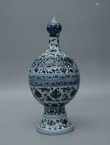 Blue and White Incense Burner with Scrolling Lotus Design