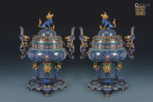 A Pair of Qing Cloisonne Enamel Tripod Bronze Censer with Dr...