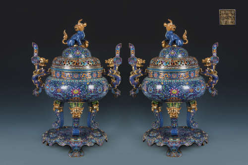 A Pair of Qing Cloisonne Enamel Tripod Bronze Censer with Dr...