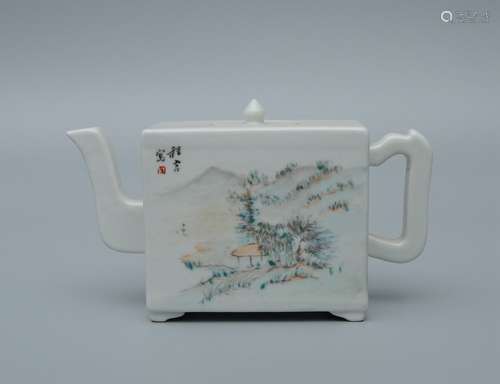 Famille Rose Landscape Square Teapot