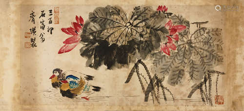 The Lotus and Mandarin Ducks，Chinese Painting by Qi Baishi