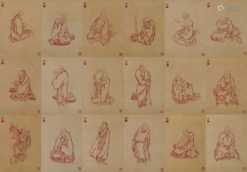 Eighteen Arhats,Chinese Painting by Hong Yi