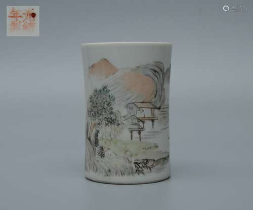 Guangxu Famille Rose Landscape Brush Pot