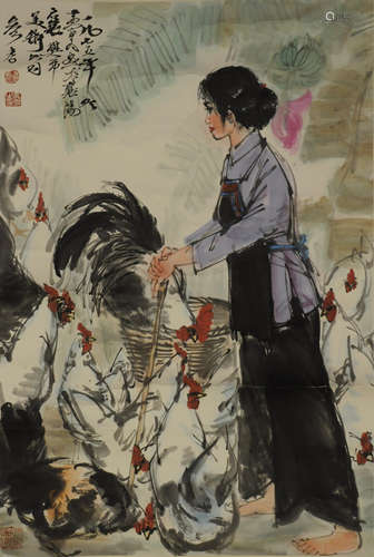 Chinese Figure Painting by Huang Zhou