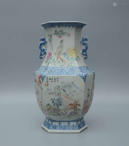 Famille Rose Flower-and-Bird Hexagonal Vase