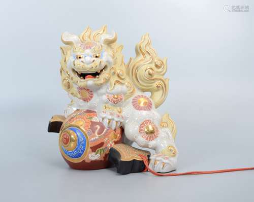 Famille Rose Buddhist Lion Figure withe Brocade Ball