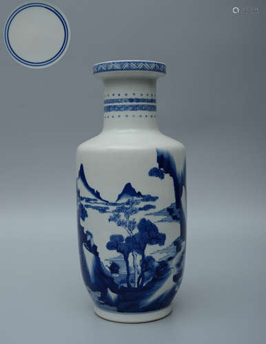 Blue and White Landscape Rouleau Vase