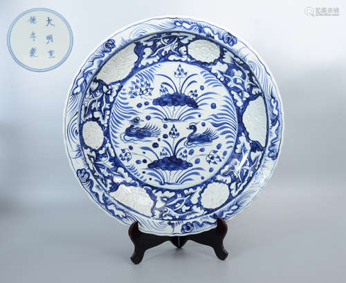 Xuande Blue and White Mandarin Ducks Dish