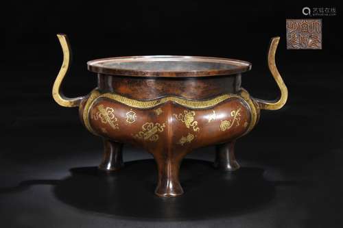 Ming Dynasty Gild Bronze Incense Burner with Halberd-Handles