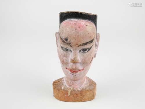 Tête de marionnette.Bois sculpté polychrome.XIXès. Chine.Rég...