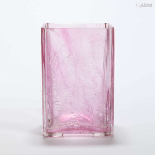 A pink glass landscape square brush pot