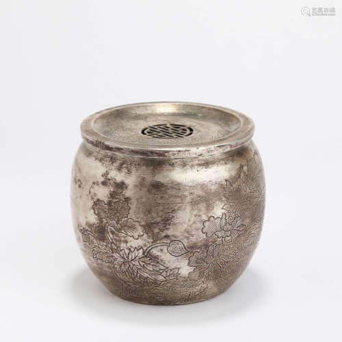 a silver floral oval incense jar and cover