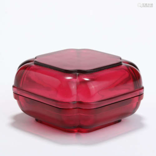 A red glass square box and cover