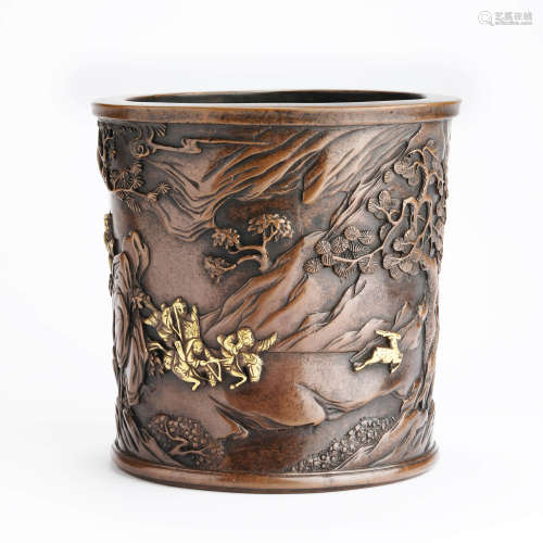 A bronze hunting brush pot