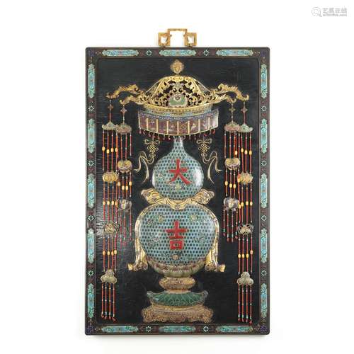 A gilt bronze enamel auspicious omen hanging panel with sand...