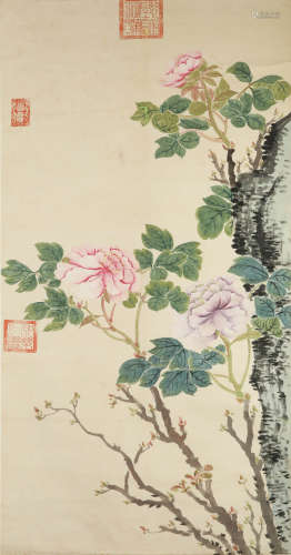 A chinese flowers painting paper scroll, ci xi mark