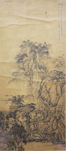 A chinese landscape painting paper scroll, dong bangda mark