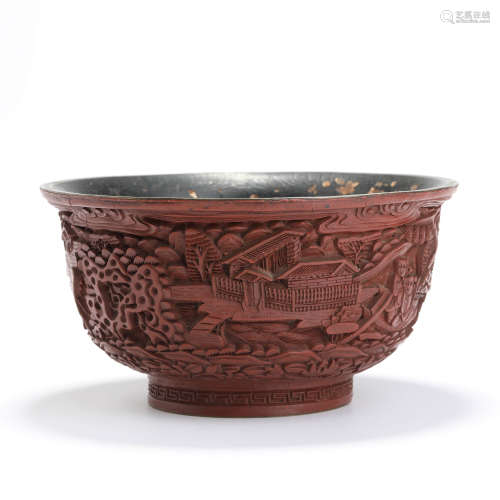 A carved cinnabar lacquer children bowl
