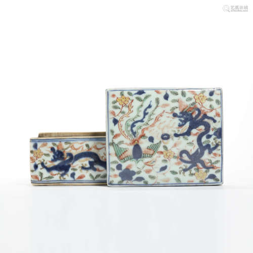 An underglaze-blue and wucai dragon and phoenix rectangular ...