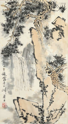 A chinese pine and waterfall painting paper scroll, pan tian...