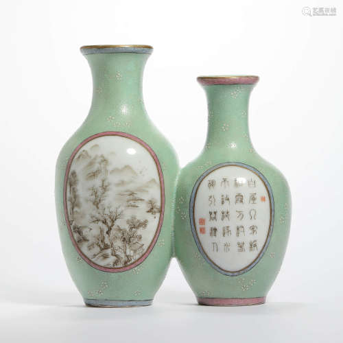 A celadon-glaze and grisaille landscape wall vase