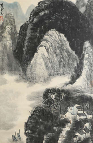 A chinese landscape painting scroll, li keran mark