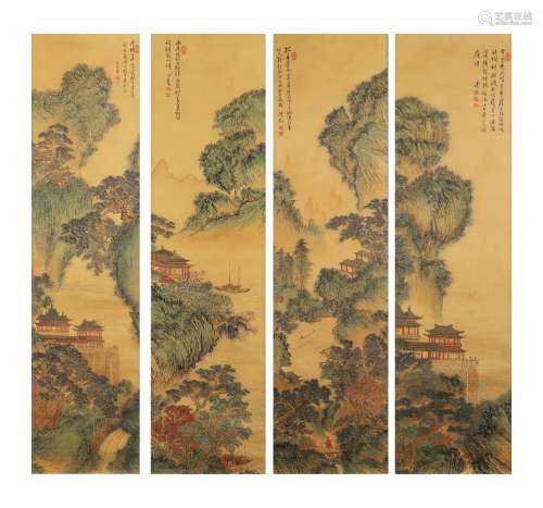 A set of four chinese pavilion painting silk scroll, pu ru m...