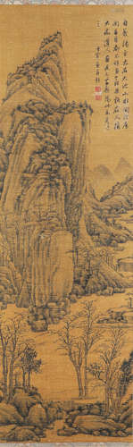 A chinese landscape painting silk scroll, dong qichang mark