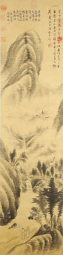 A chinese landscape painting paper scroll, dong qichang mark