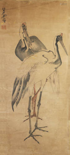 A chinese crane painting paper scroll, badashanren mark