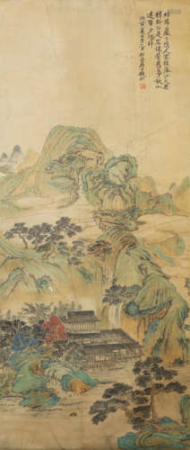 A chinese landscape and pavilion painting silk scroll, qian ...