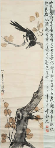 A chinese magpie painting paper scroll, xu beihong mark