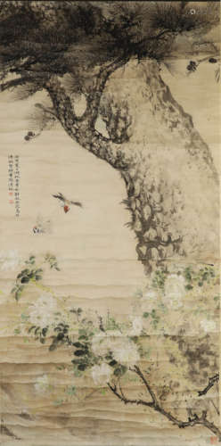 A chinese flowers and birds painting silk scroll, wu hufan a...