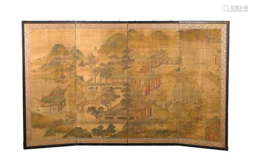 A CHINESE INK AND COLOR SILK 'PAVILLION' PANEL SCREEN