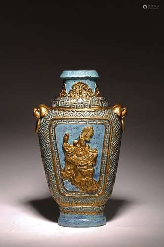 A GILT DECORATED BRONZE IMITATION RELIEF FIGURES VASE