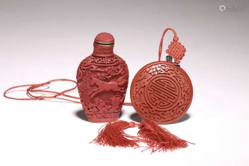 A CINNABAR LACQUER SNUFF BOTTLE AND PENDANT