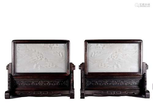 A PAIR OF CHINESE WHITE JADE LANDSCAPE TABLE SCREENS