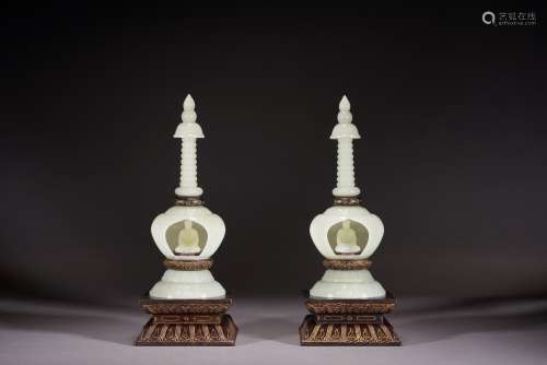 A PAIR OF CHINESE WHITE JADE PAGODAS