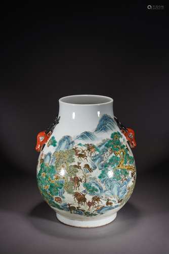 A LARGE FAMILLE ROSE 'HUNDRED DEER' VASE