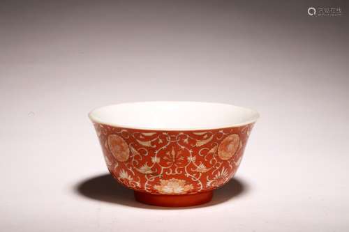 A CHINESE CORAL RED REVERSE PAINTED BOWL