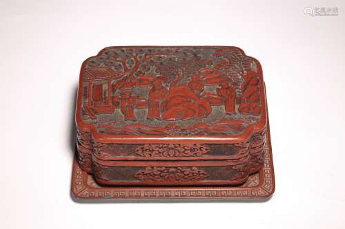 A CINNABAR LACQUER 'FIGURES' BOX AND TRAY