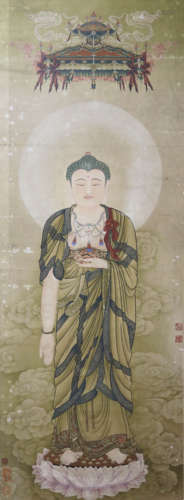 A chinese buddha painting scroll, ding guanpeng mark