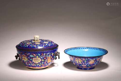 TWO CHINESE CANTON ENAMEL 'BUDDHIST MOTIFS' BOWLS