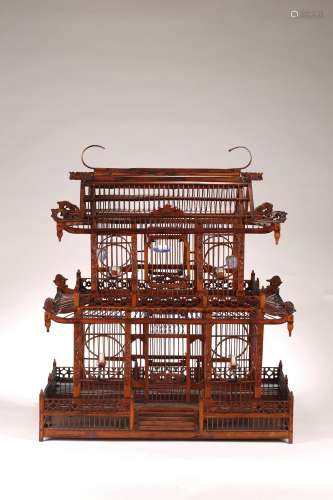 A LARGE CHINESE BAMBOO 'PALACE' BIRD CAGE
