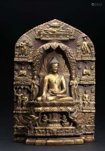 A GILT-BRONZE REPOUSSE PANEL OF SHAKYAMUNI AND BODHISATTVA