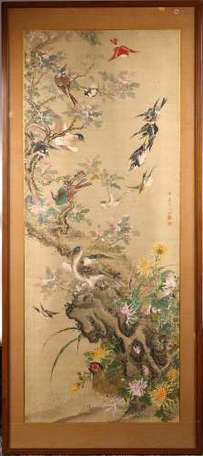 A COLOR AND INK ON SILK BIRDS AND FLOWERS FRAMED PAINTING