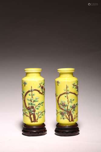 A PAIR OF CHINESE RELIEF YELLOW GROUND VASES