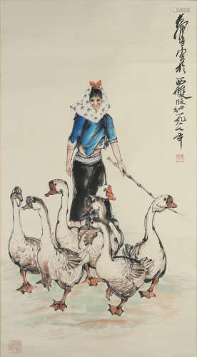 A chinese lady and goose group painting paper scroll, huang ...