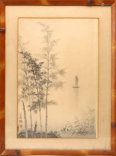A JAPANESE INK ON PAPER 'BAMBOO' FRAMED PAINTING