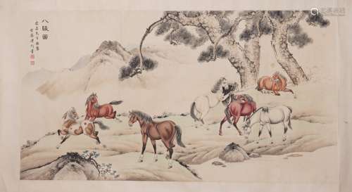 PU JIN: COLOR AND INK ON PAPER 'HORSES' PAINTING